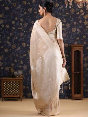 Cream woven design pure linen banarasi saree 5