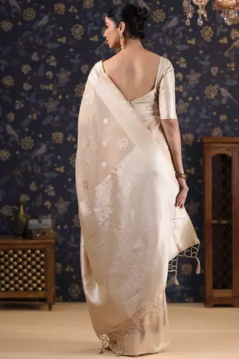 Cream woven design pure linen banarasi saree