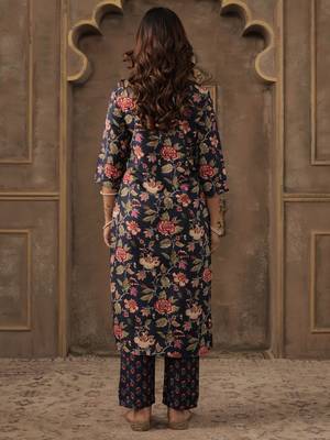 Navy blue embroidered cotton blend kurta trouser dupatta set 2