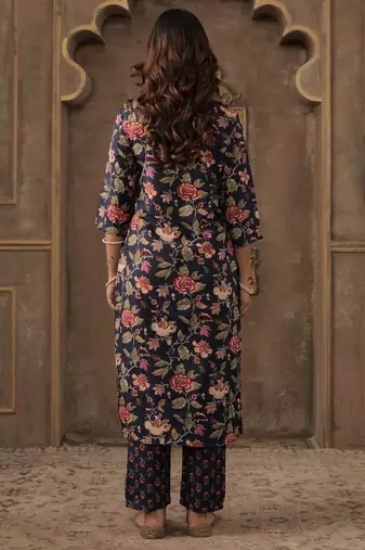 Navy blue embroidered cotton blend kurta trouser dupatta set