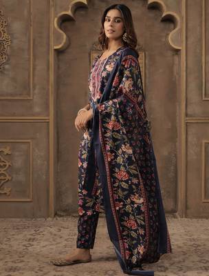 Navy blue embroidered cotton blend kurta trouser dupatta set 3