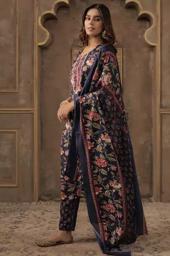 Navy blue embroidered cotton blend kurta trouser dupatta set