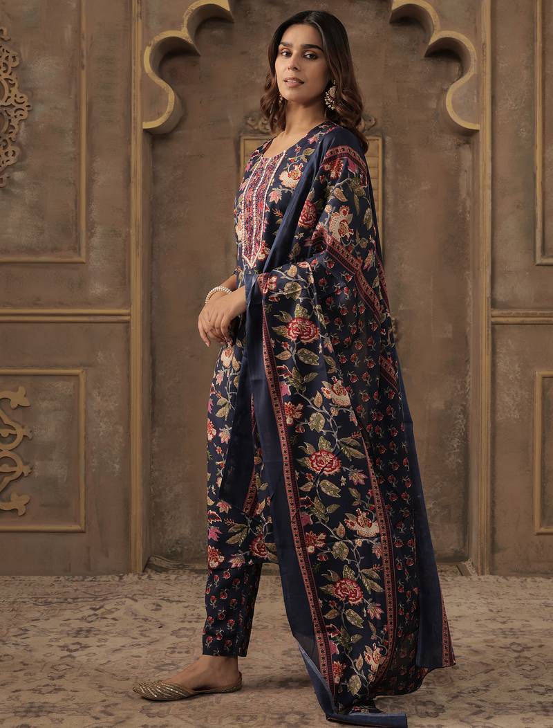Navy blue embroidered cotton blend kurta trouser dupatta set