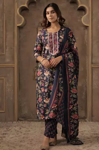 Navy blue embroidered cotton blend kurta trouser dupatta set