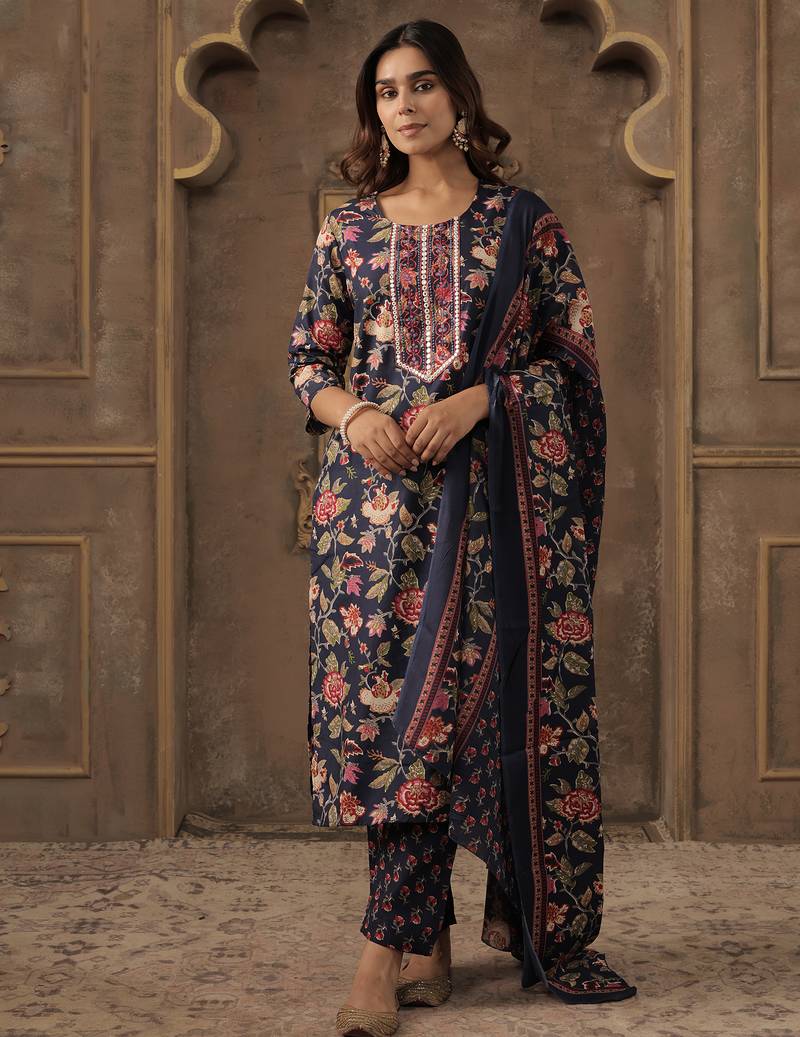 Navy blue embroidered cotton blend kurta trouser dupatta set