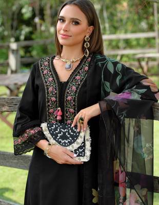Black embroidered pure cotton kurta trouser dupatta set 1