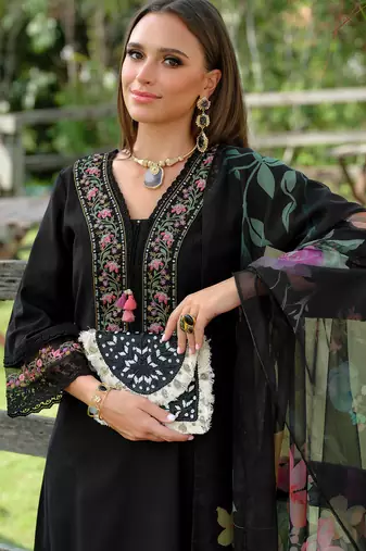 Black embroidered pure cotton kurta trouser dupatta set