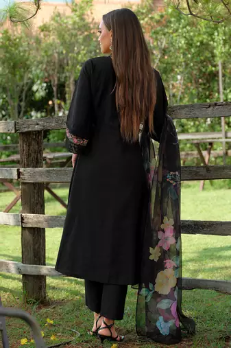 Black embroidered pure cotton kurta trouser dupatta set