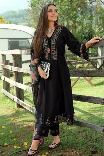 Black embroidered pure cotton kurta trouser dupatta set