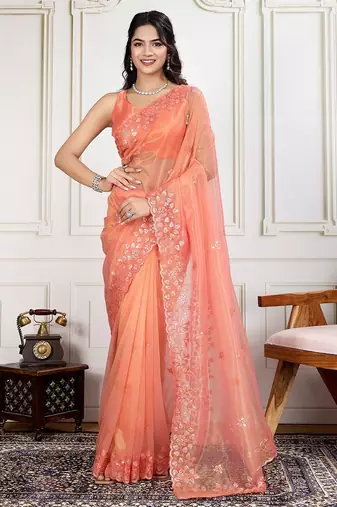 Peach embroidered work saree with blouse piece