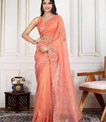 Peach embroidered work saree with blouse piece