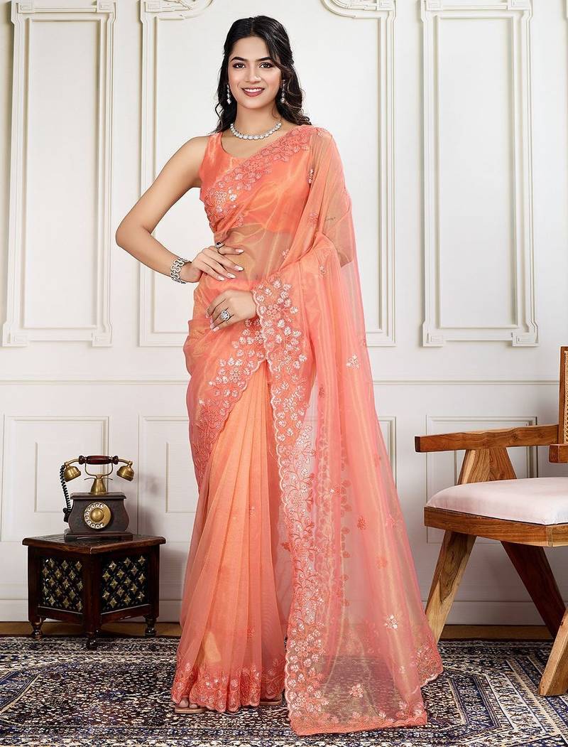 Peach embroidered work saree with blouse piece