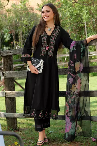 Black embroidered pure cotton kurta trouser dupatta set
