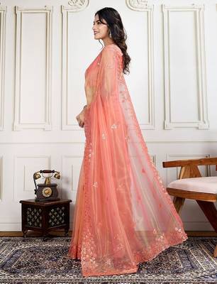 Peach embroidered work saree with blouse piece 2