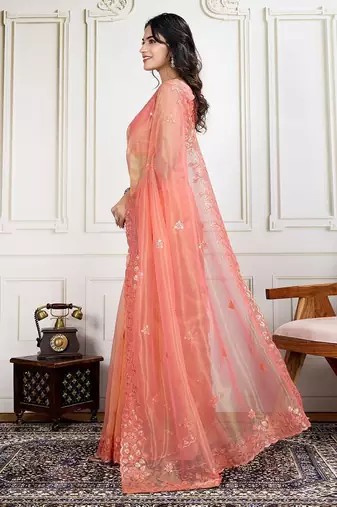 Peach embroidered work saree with blouse piece