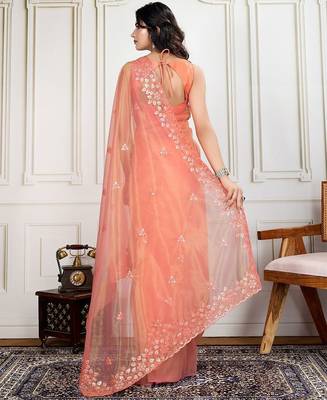 Peach embroidered work saree with blouse piece 3