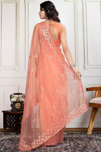 Peach embroidered work saree with blouse piece