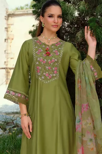 Green embroidered liva kurta trouser dupatta set