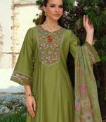 Green embroidered liva kurta trouser dupatta set