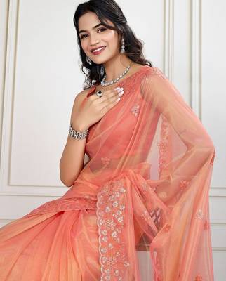 Peach embroidered work saree with blouse piece 4