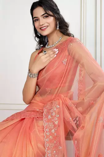Peach embroidered work saree with blouse piece