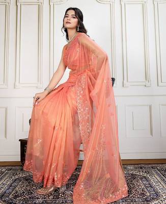 Peach embroidered work saree with blouse piece 5