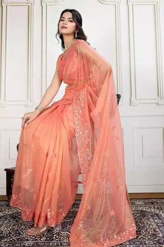 Peach embroidered work saree with blouse piece