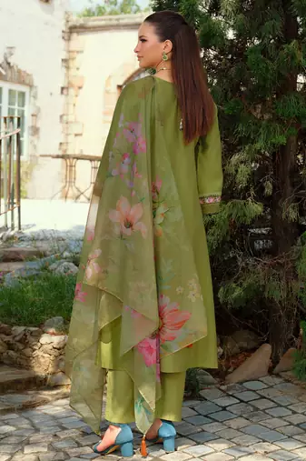 Green embroidered liva kurta trouser dupatta set