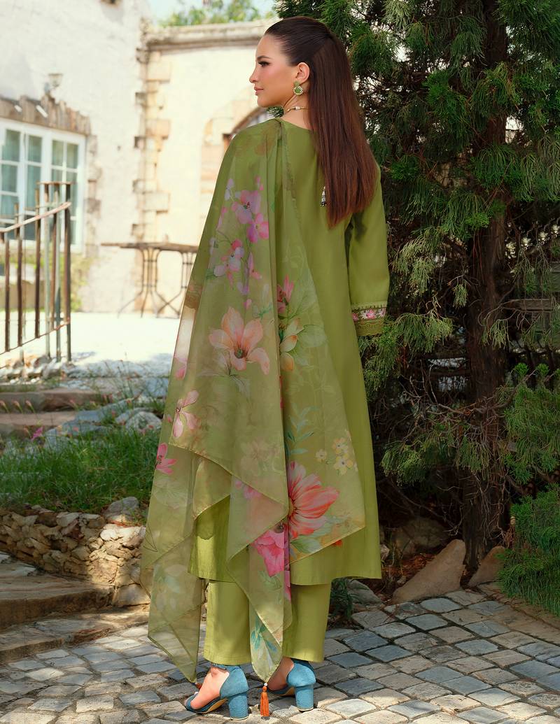 Green embroidered liva kurta trouser dupatta set