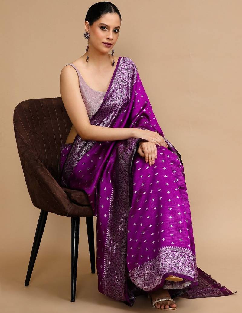 Purple woven design banarasi saree with unstitched blouse