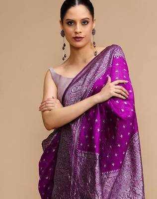 Purple woven design banarasi saree with unstitched blouse 5