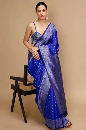 Blue woven design banarasi saree with unstitched blouse