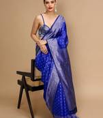 Blue woven design banarasi saree with unstitched blouse