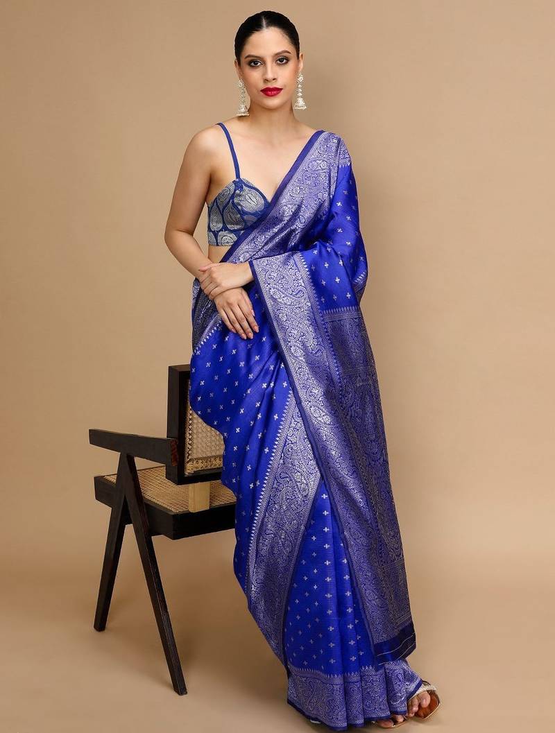 Blue woven design banarasi saree with unstitched blouse