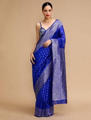 Blue woven design banarasi saree with unstitched blouse 2