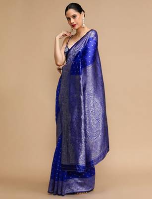 Blue woven design banarasi saree with unstitched blouse 3