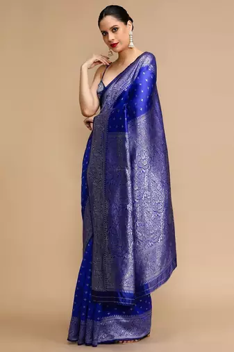 Blue woven design banarasi saree with unstitched blouse