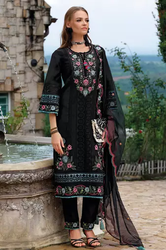 Black embroidered silk blend kurta trouser dupatta set