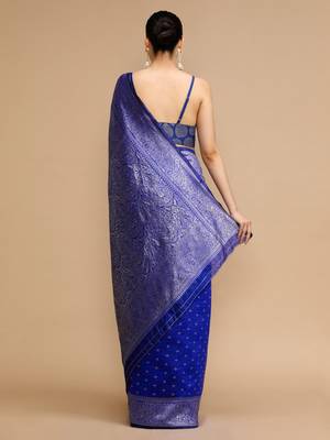Blue woven design banarasi saree with unstitched blouse 4