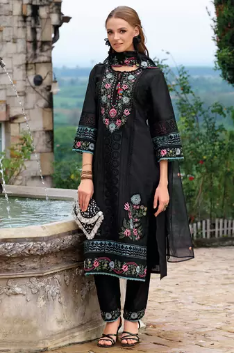 Black embroidered silk blend kurta trouser dupatta set