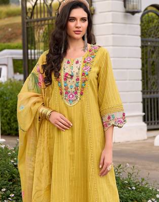 Yellow embroidered pure cotton kurta trouser dupatta set 1