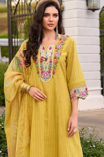 Yellow embroidered pure cotton kurta trouser dupatta set