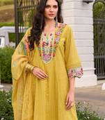 Yellow embroidered pure cotton kurta trouser dupatta set