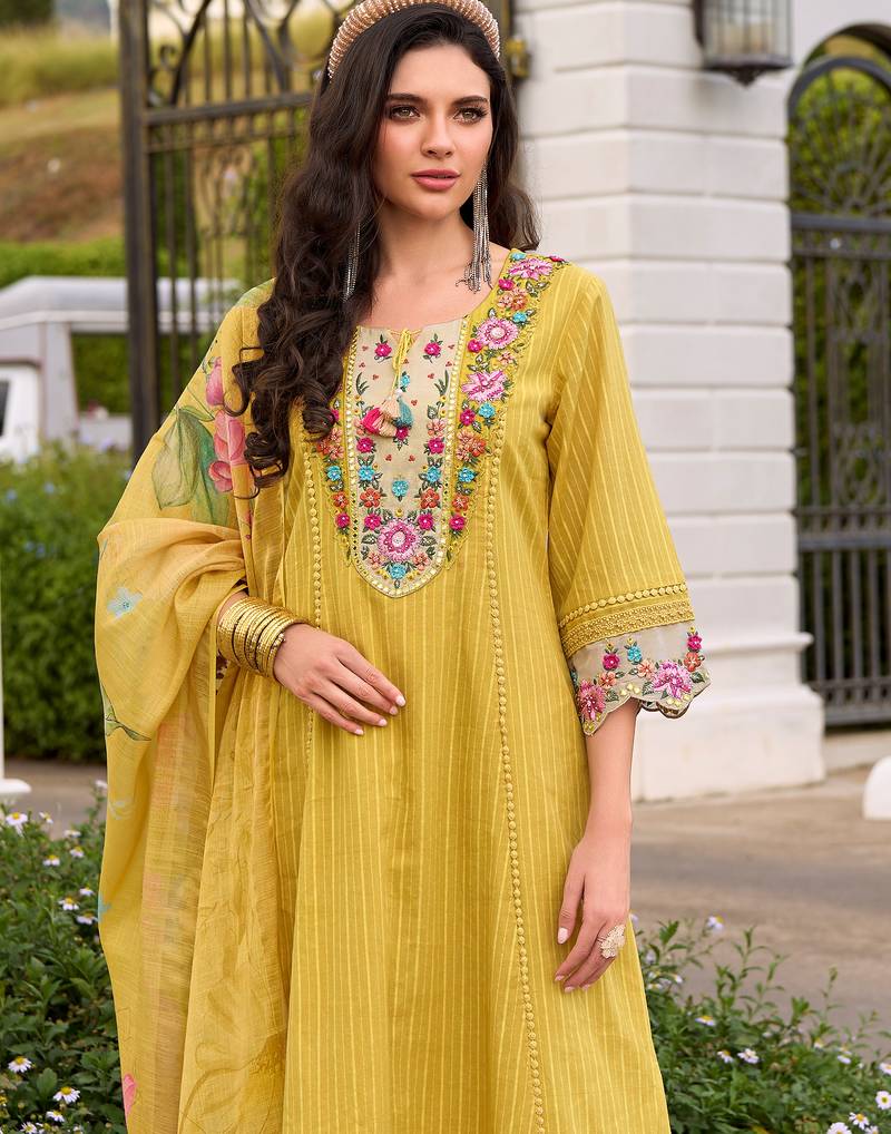 Yellow embroidered pure cotton kurta trouser dupatta set