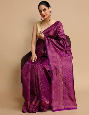 Purple woven design banarasi saree with unstitched blouse 1
