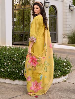 Yellow embroidered pure cotton kurta trouser dupatta set 2