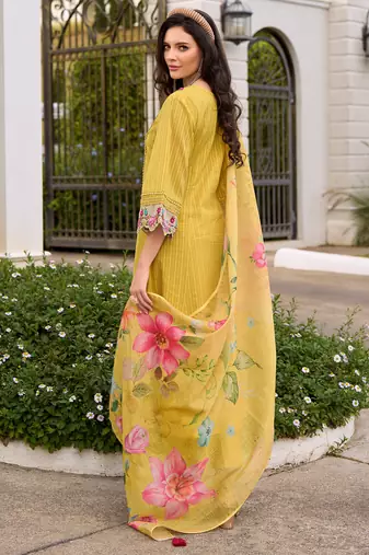 Yellow embroidered pure cotton kurta trouser dupatta set