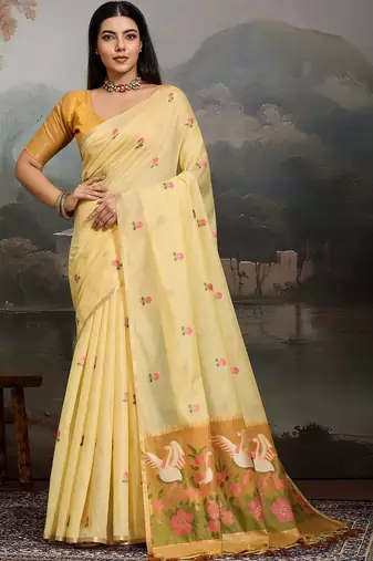 Yellow floral embroidered pure cotton designer muga saree