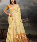Yellow floral embroidered pure cotton designer muga saree
