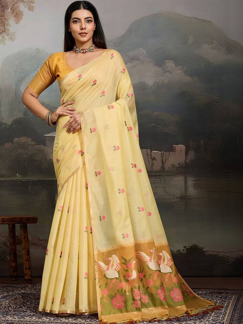 Yellow floral embroidered pure cotton designer muga saree
